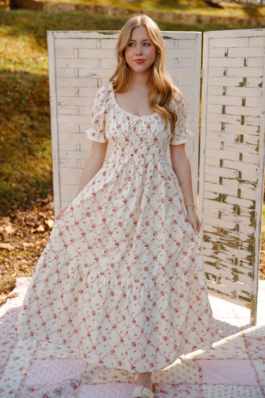 Cream Floral Smocked Maxi Dress with Pockets – Romantic Cottage Dress