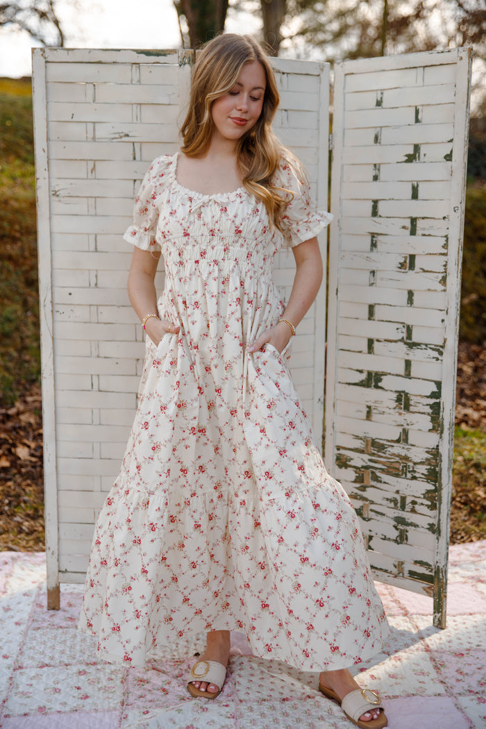 Cream Floral Smocked Maxi Dress with Pockets – Romantic Cottage Dress