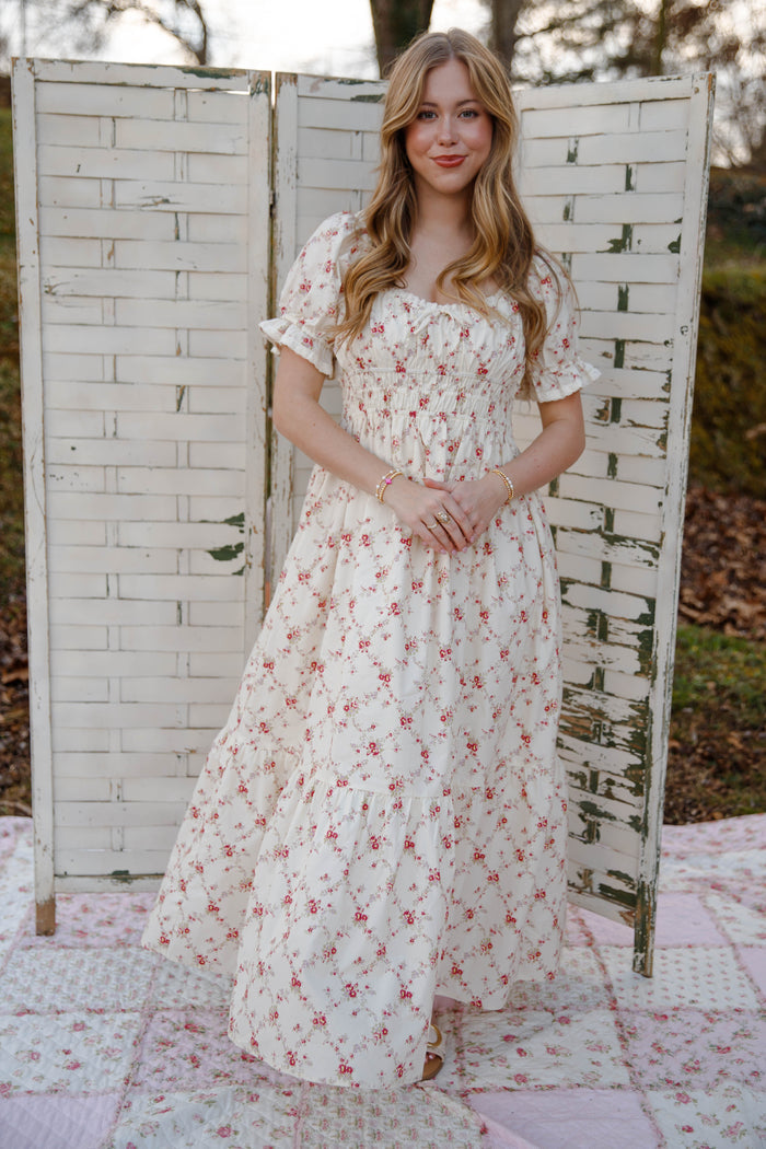 Cream Floral Smocked Maxi Dress with Pockets – Romantic Cottage Dress