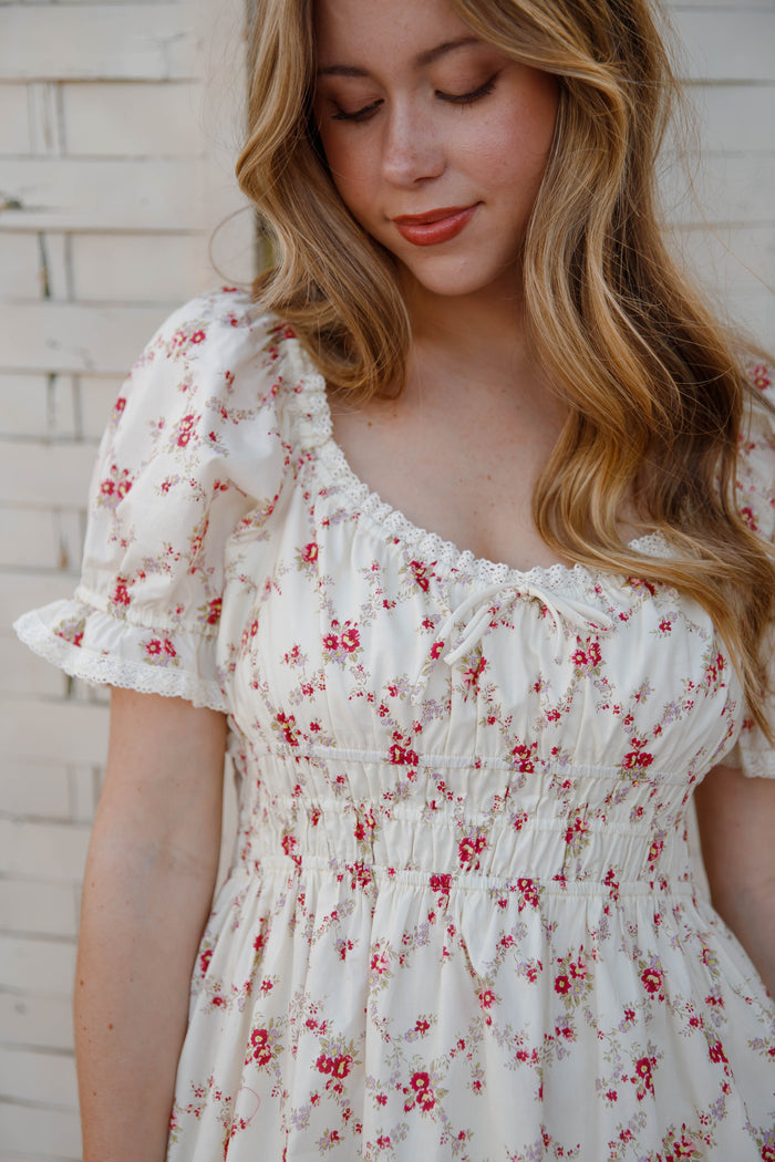 Cream Floral Smocked Maxi Dress with Pockets – Romantic Cottage Dress