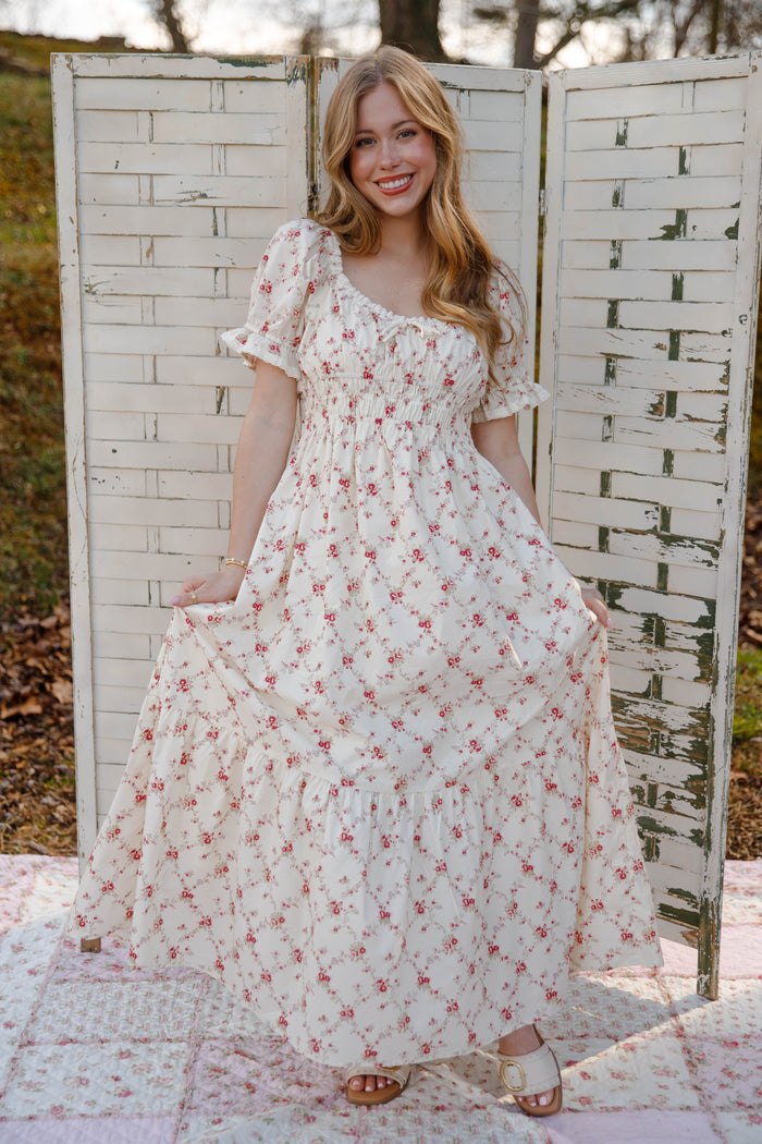 Cream Floral Smocked Maxi Dress with Pockets – Romantic Cottage Dress