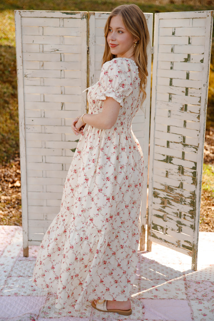 Cream Floral Smocked Maxi Dress with Pockets – Romantic Cottage Dress