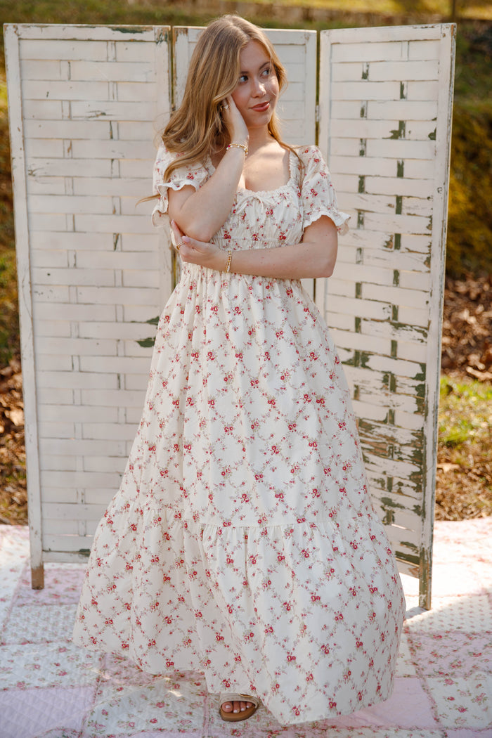 Cream Floral Smocked Maxi Dress with Pockets – Romantic Cottage Dress