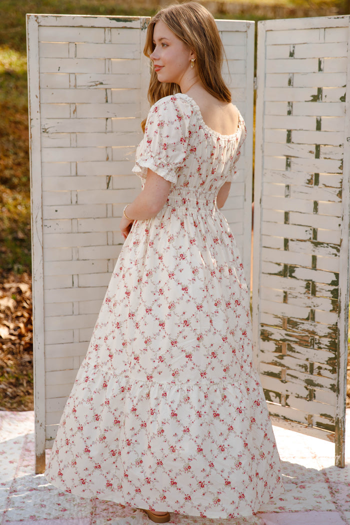 Cream Floral Smocked Maxi Dress with Pockets – Romantic Cottage Dress