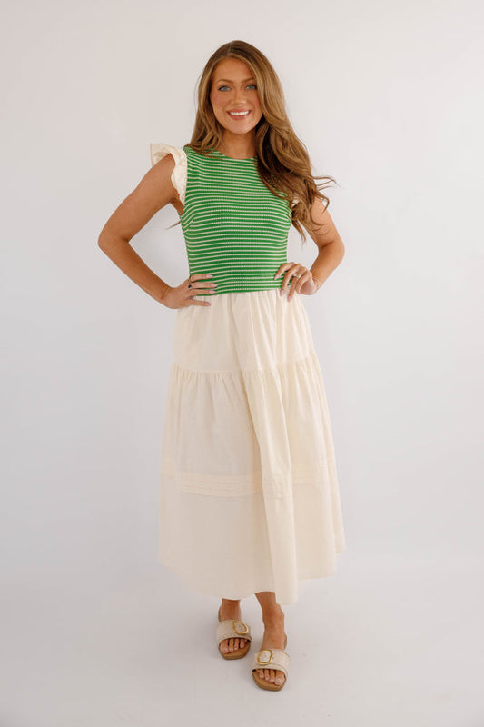 Elevated Knitted Midi Dress – Ruffle Sleeve Colorblock Summer Dress- Doe & Rae Green Knit Dress