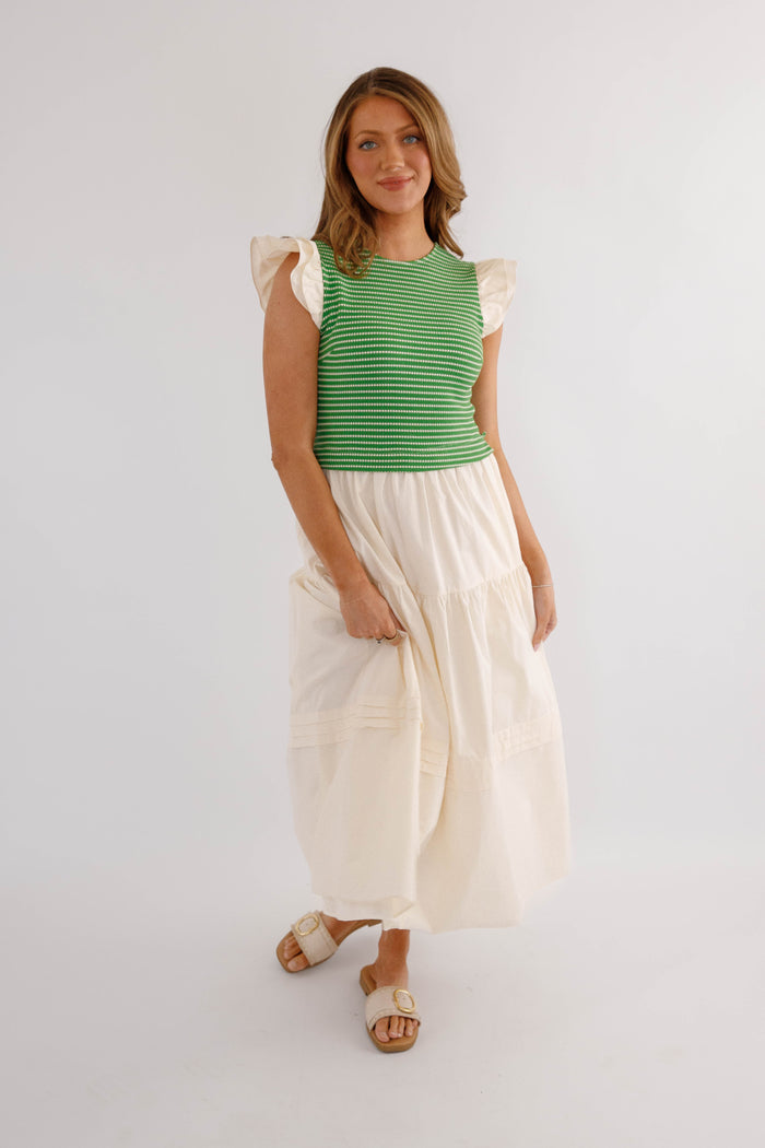 Elevated Knitted Midi Dress – Ruffle Sleeve Colorblock Summer Dress- Doe & Rae Green Knit Dress