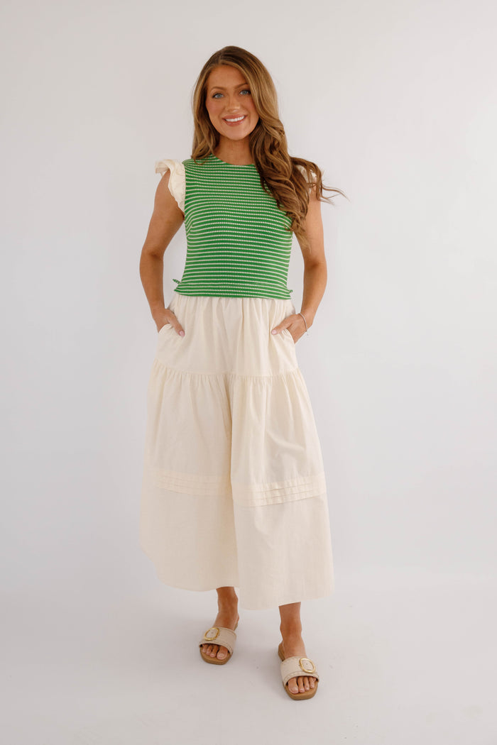 Elevated Knitted Midi Dress – Ruffle Sleeve Colorblock Summer Dress- Doe & Rae Green Knit Dress