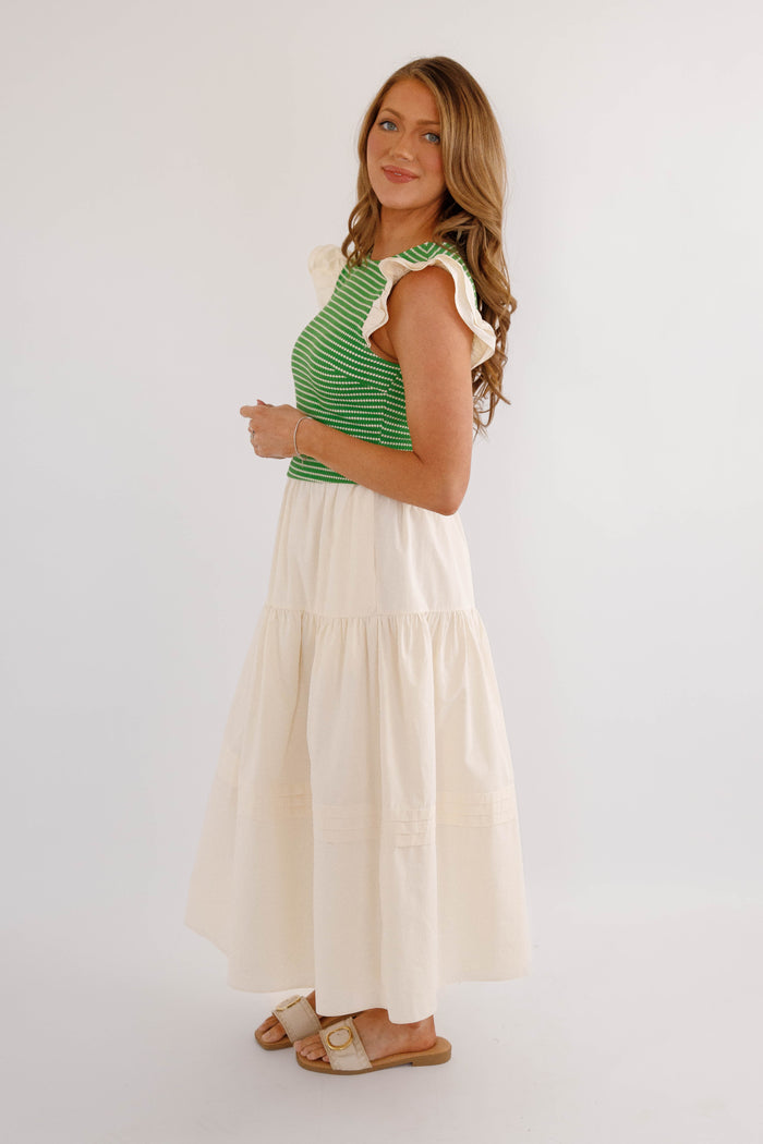 Elevated Knitted Midi Dress – Ruffle Sleeve Colorblock Summer Dress- Doe & Rae Green Knit Dress