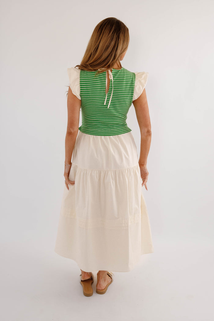 Elevated Knitted Midi Dress – Ruffle Sleeve Colorblock Summer Dress- Doe & Rae Green Knit Dress