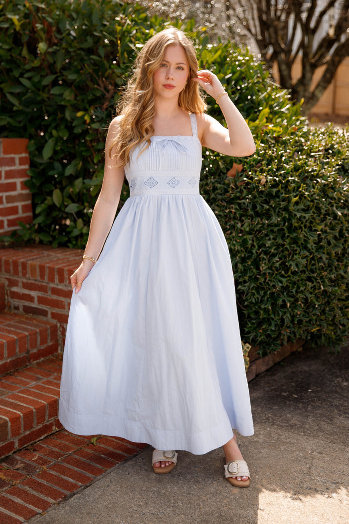 Blue Cotton Maxi Dress with Lace Straps – Romantic Sleeveless Dress- In Loom Maxi Dress