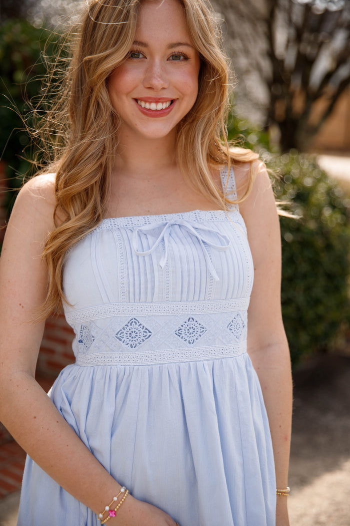 Blue Cotton Maxi Dress with Lace Straps – Romantic Sleeveless Dress- In Loom Maxi Dress