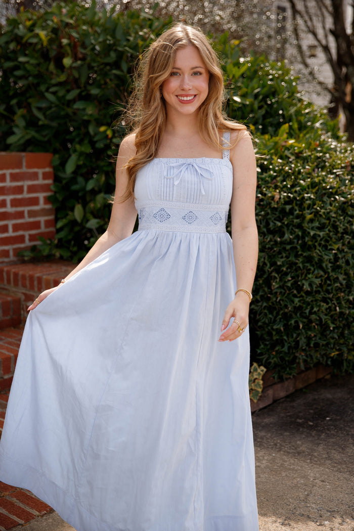 Blue Cotton Maxi Dress with Lace Straps – Romantic Sleeveless Dress- In Loom Maxi Dress