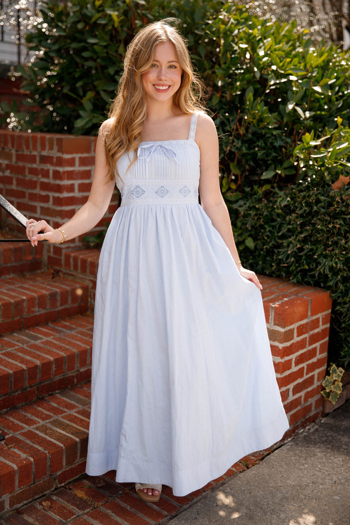 Blue Cotton Maxi Dress with Lace Straps – Romantic Sleeveless Dress- In Loom Maxi Dress