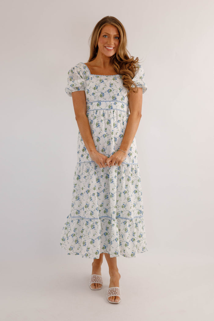 Blue Floral Puff Sleeve Midi Dress – Feminine Cottagecore Tiered Dress- B.right floral midi dress