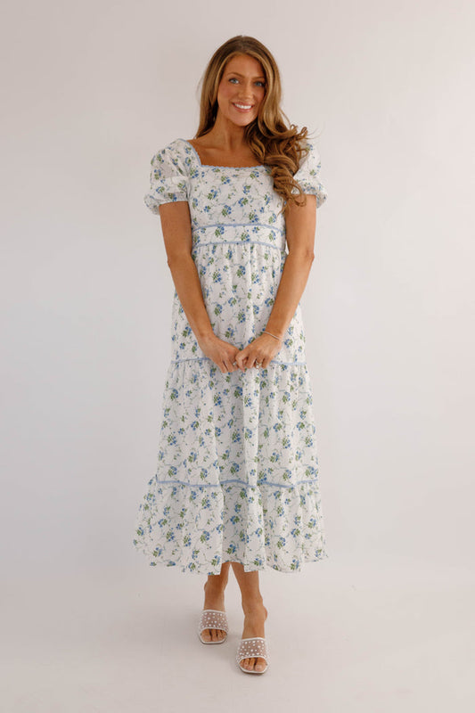Blue Floral Puff Sleeve Midi Dress – Feminine Cottagecore Tiered Dress- B.right floral midi dress