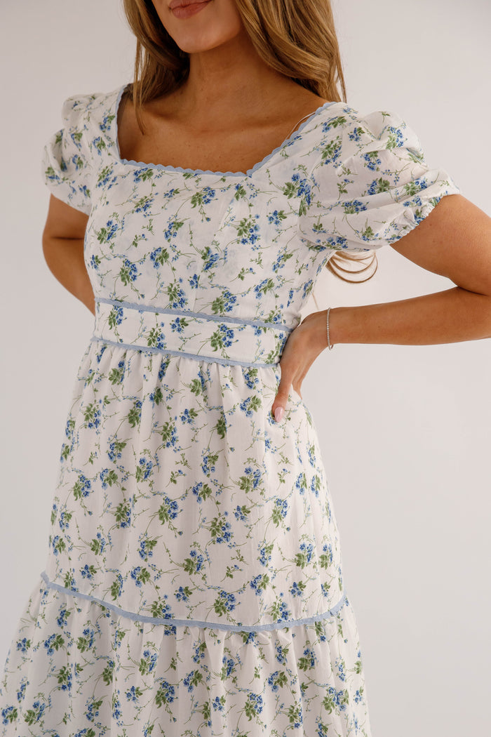 Blue Floral Puff Sleeve Midi Dress – Feminine Cottagecore Tiered Dress- B.right floral midi dress