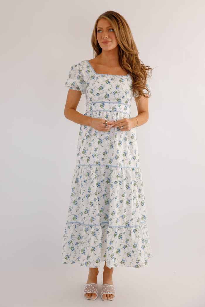 Blue Floral Puff Sleeve Midi Dress – Feminine Cottagecore Tiered Dress- B.right floral midi dress