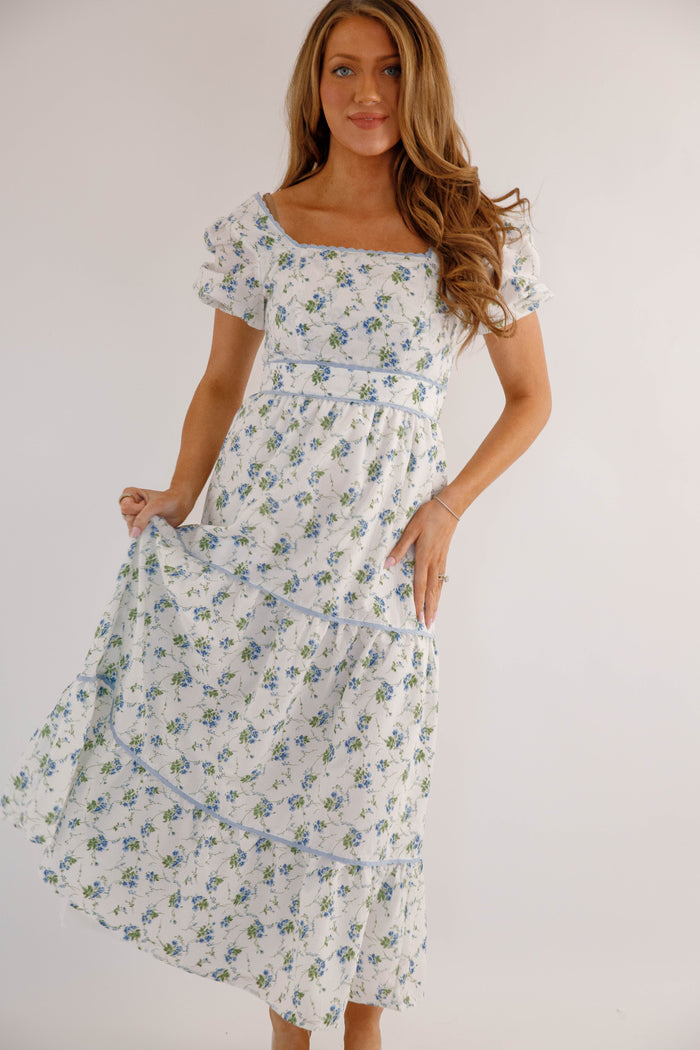 Blue Floral Puff Sleeve Midi Dress – Feminine Cottagecore Tiered Dress- B.right floral midi dress