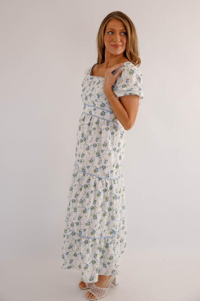 Blue Floral Puff Sleeve Midi Dress – Feminine Cottagecore Tiered Dress- B.right floral midi dress