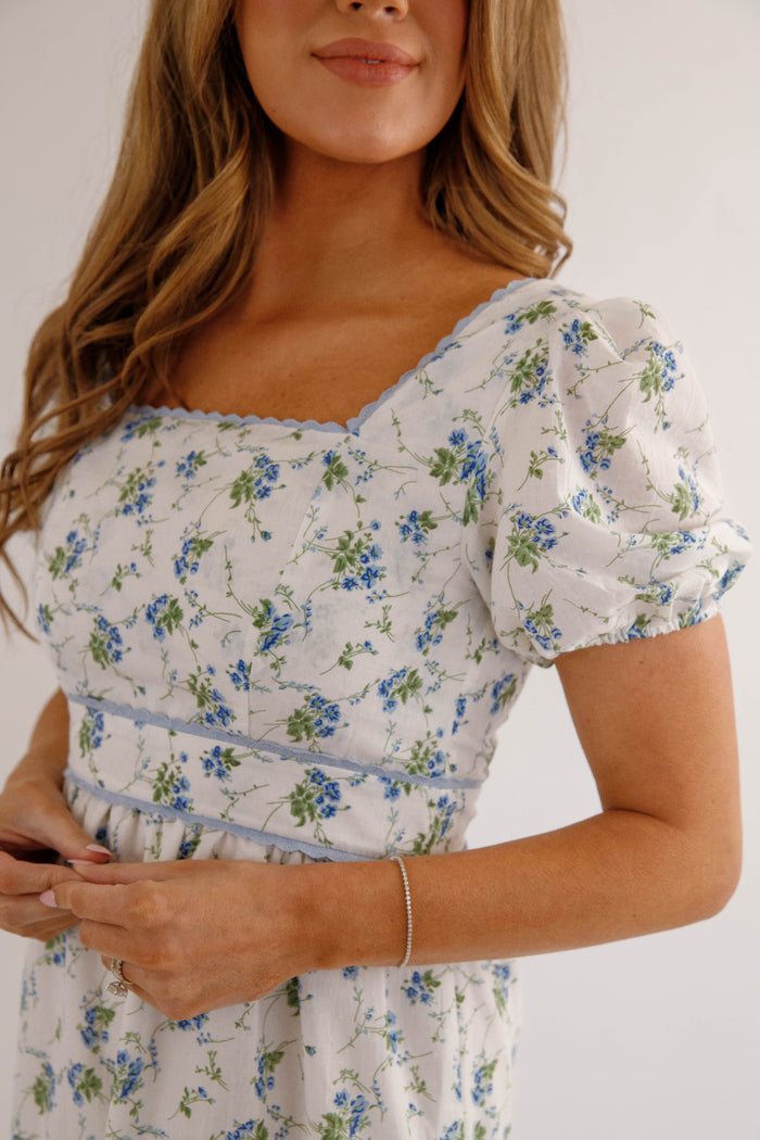 Blue Floral Puff Sleeve Midi Dress – Feminine Cottagecore Tiered Dress- B.right floral midi dress