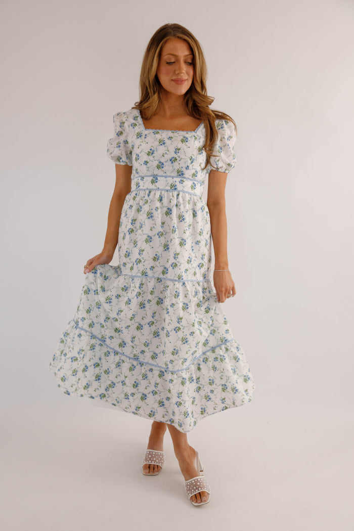 Blue Floral Puff Sleeve Midi Dress – Feminine Cottagecore Tiered Dress- B.right floral midi dress