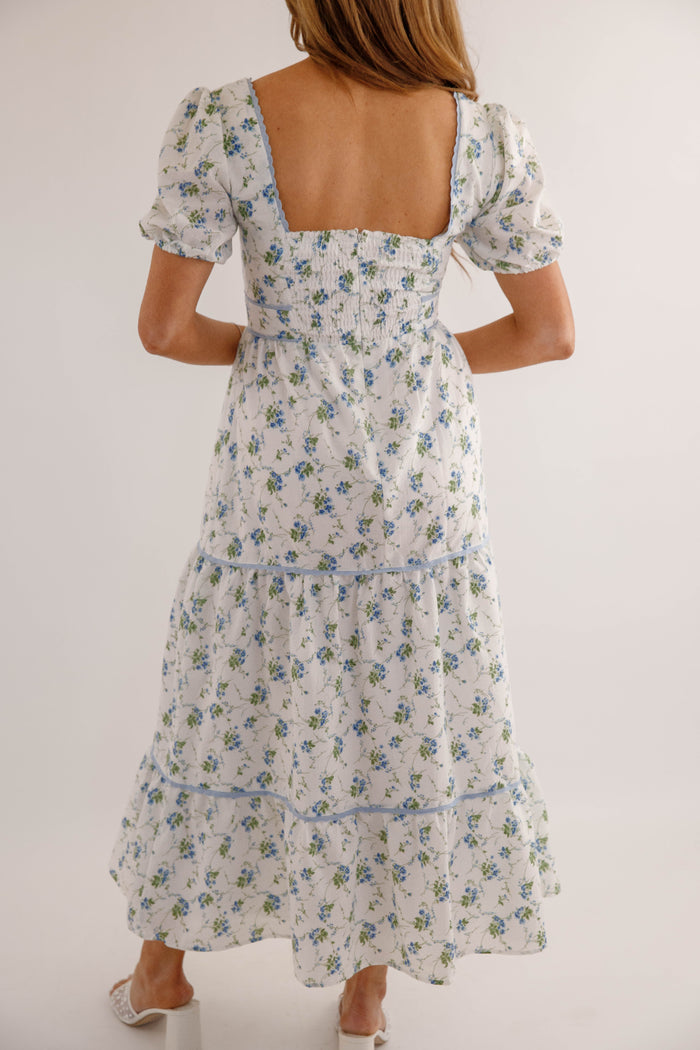 Blue Floral Puff Sleeve Midi Dress – Feminine Cottagecore Tiered Dress- B.right floral midi dress