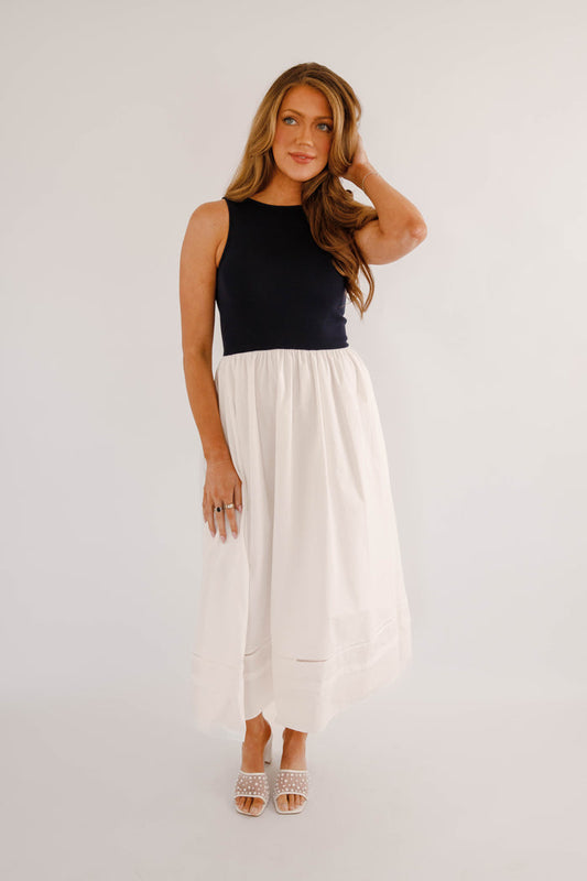 Navy & White Colorblock Midi Dress – Sleeveless Classic Summer Dress- Navy Knitted Midi Dress