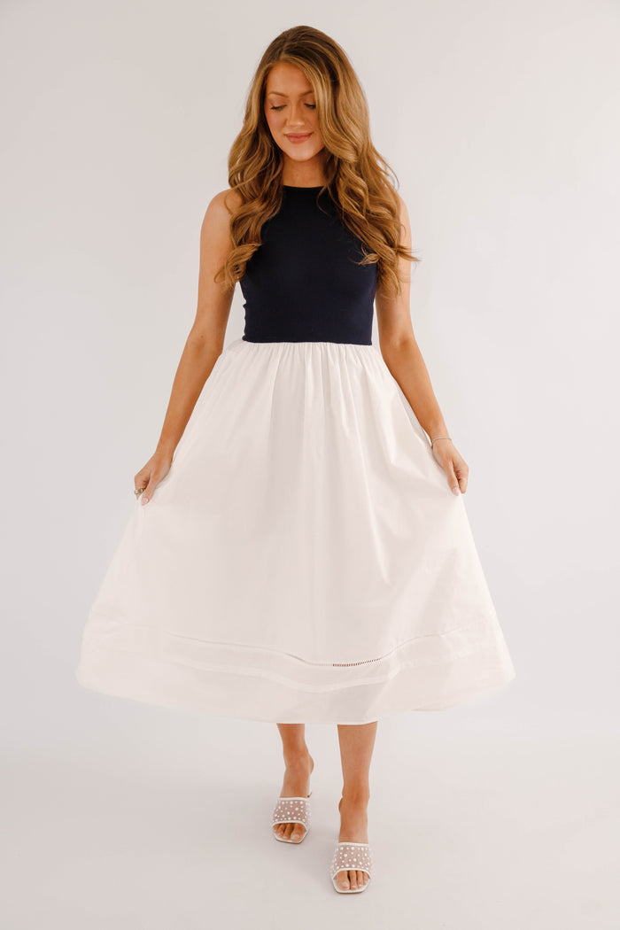 Navy & White Colorblock Midi Dress – Sleeveless Classic Summer Dress- Navy Knitted Midi Dress