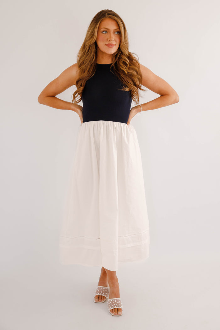 Navy & White Colorblock Midi Dress – Sleeveless Classic Summer Dress- Navy Knitted Midi Dress