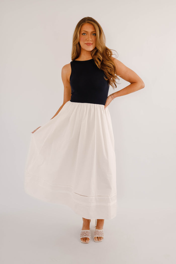 Navy & White Colorblock Midi Dress – Sleeveless Classic Summer Dress- Navy Knitted Midi Dress