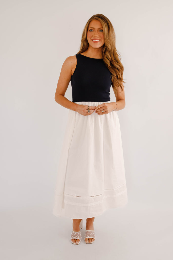 Navy & White Colorblock Midi Dress – Sleeveless Classic Summer Dress- Navy Knitted Midi Dress
