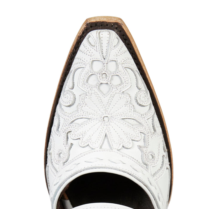White leather mule, floral design, by Robin Mule & Matthew White