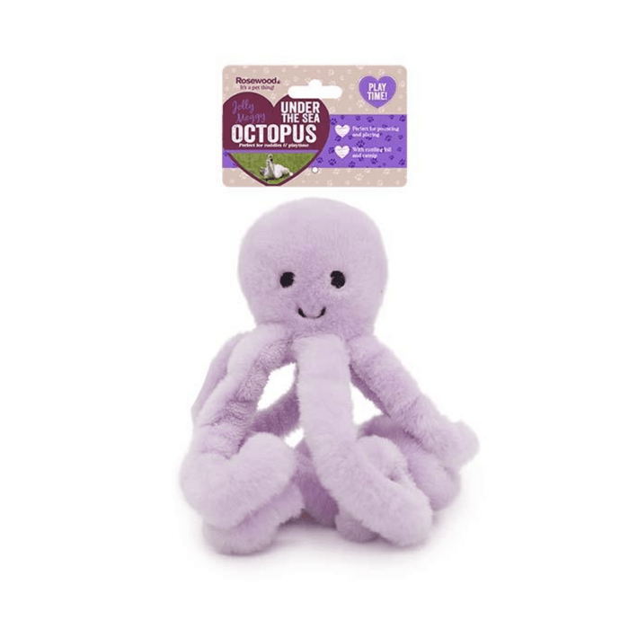 White background with a Rosewood Under the Sea lilac plush Octopus cat toy with a cardboard tag attached at the top.