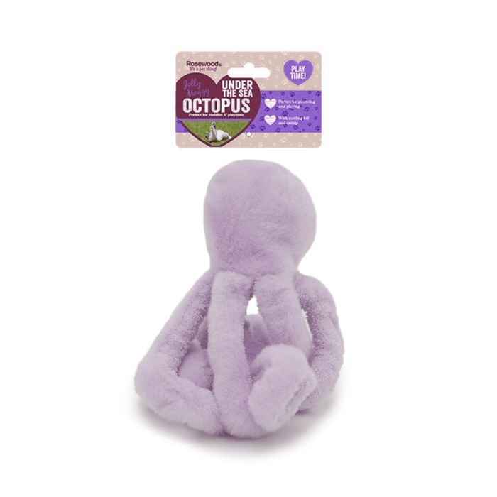 White background with a back view of a Rosewood Under the Sea lilac plush Octopus cat toy with a cardboard tag attached at the top.