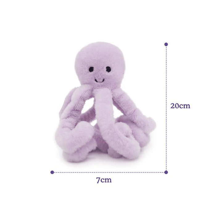 White background with a Rosewood Under the Sea lilac plush Octopus cat toy with measurements around it indicating height of 20cm and width 7cm.