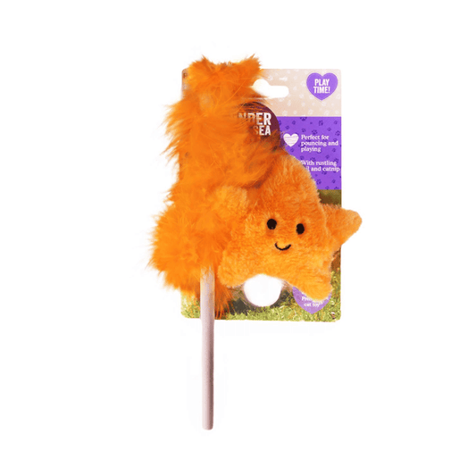 White background with a Rosewood Under the Sea orange plush Star Fish cat teaser with a cardboard tag attached.