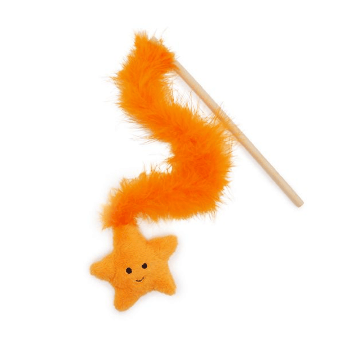 White background with a Rosewood Under the Sea orange plush Star Fish cat teaser attached to a wooden rod.