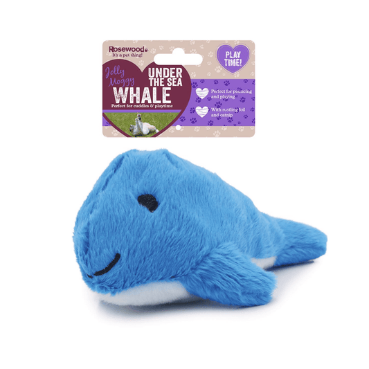 White background with a Rosewood Under the Sea blue and white plush Whale cat toy with a cardboard tag attached at the top.