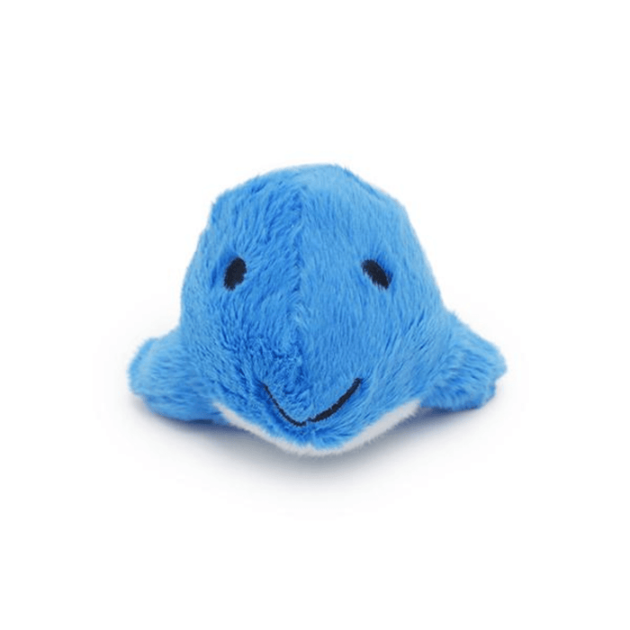 White background with a front facing Rosewood Under the Sea blue and white plush Whale cat toy.