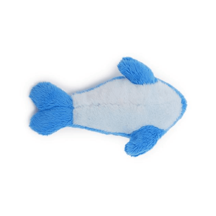 White background with a underside view of a Rosewood Under the Sea blue and white plush Whale cat toy.