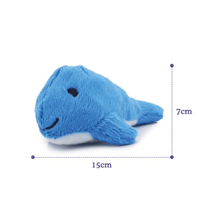 White background with a Rosewood Under the Sea blue and white plush Whale cat toy with measurements around it indicating height of 7cm and width 15cm.