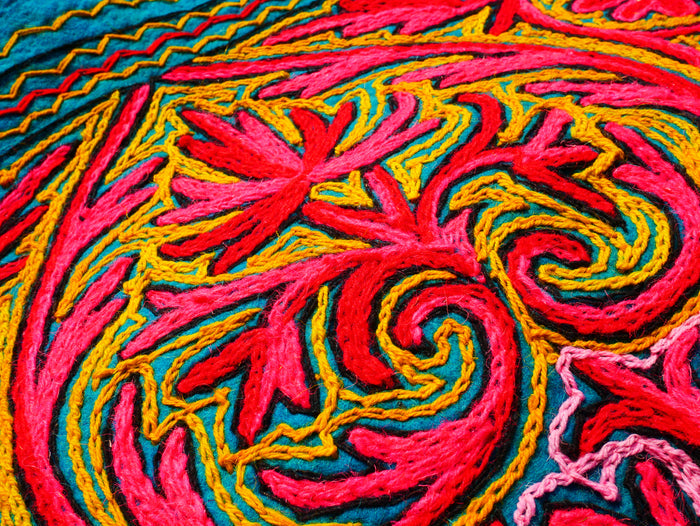 Round Mandala rug | Kashmiri "Namda" felt wool rug, hand embroidered colorful boho accent rug