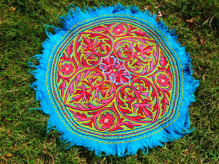 Round Mandala rug | Kashmiri "Namda" felt wool rug, hand embroidered colorful boho accent rug