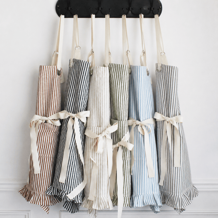 Ruffle Pin Stripe Apron: Rust