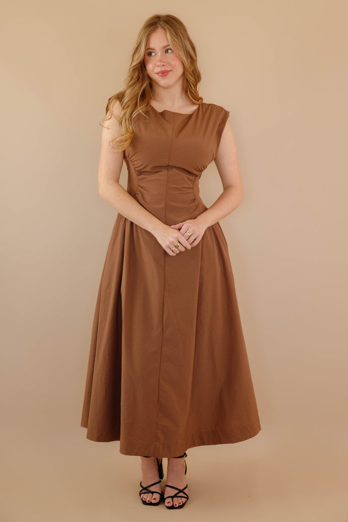 Solid Brown Midi Dress- Cinched Waist Midi Dress- Women's Modern Midi Dress