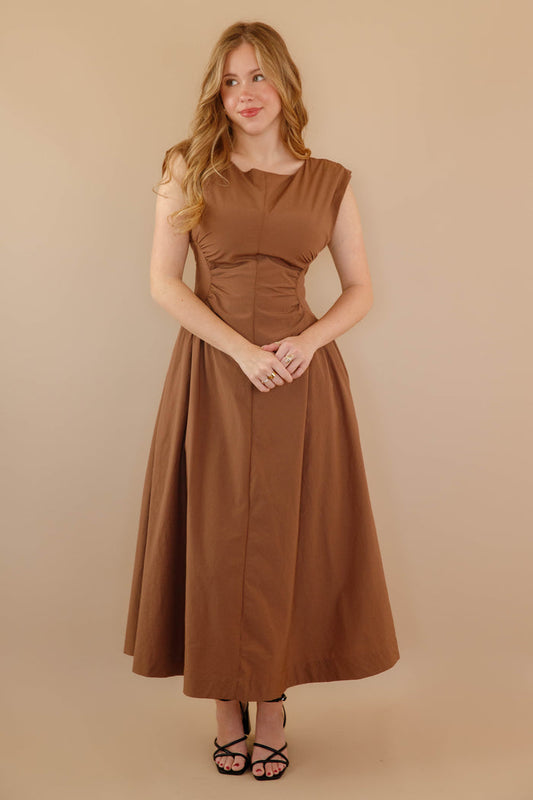 Solid Brown Midi Dress- Cinched Waist Midi Dress- Women's Modern Midi Dress