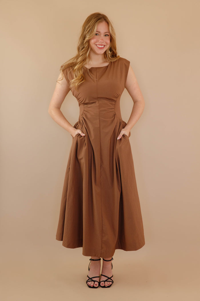 Solid Brown Midi Dress- Cinched Waist Midi Dress- Women's Modern Midi Dress
