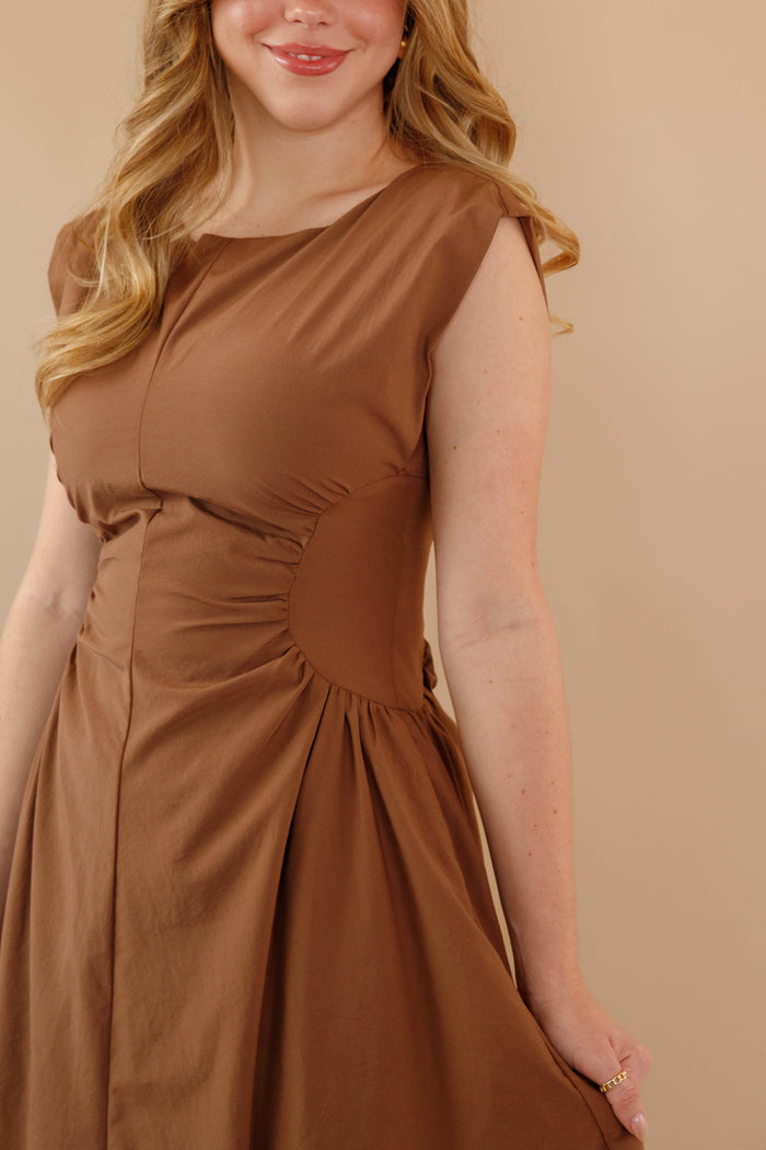 Solid Brown Midi Dress- Cinched Waist Midi Dress- Women's Modern Midi Dress