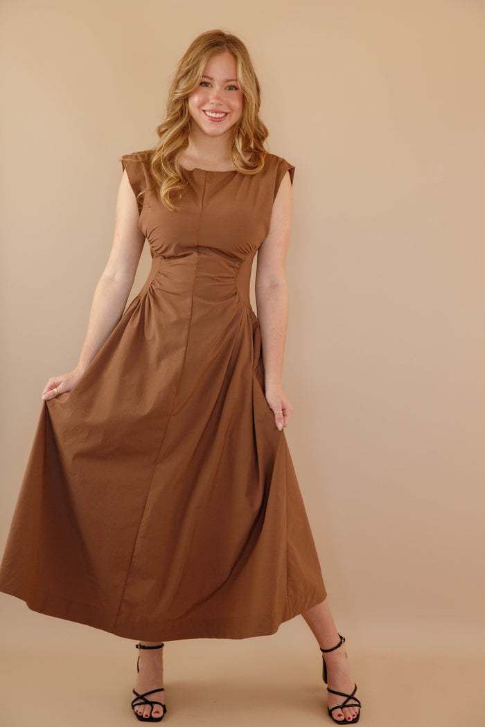 Solid Brown Midi Dress- Cinched Waist Midi Dress- Women's Modern Midi Dress