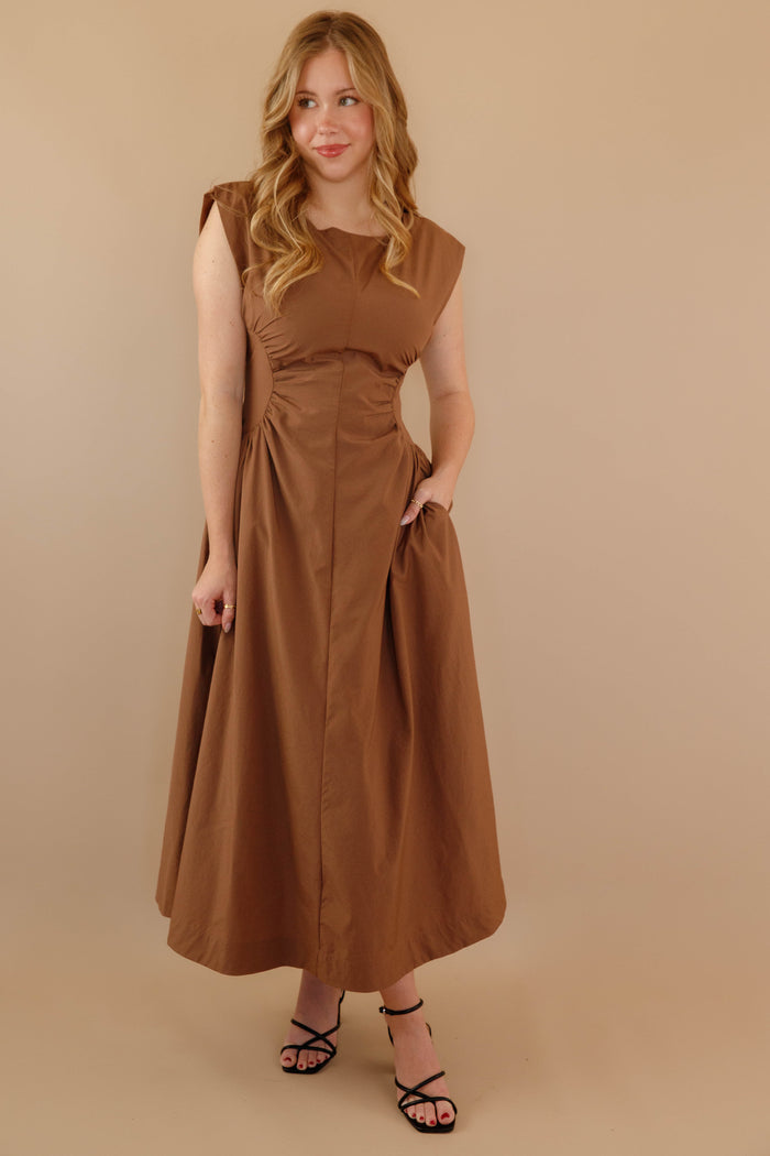 Solid Brown Midi Dress- Cinched Waist Midi Dress- Women's Modern Midi Dress